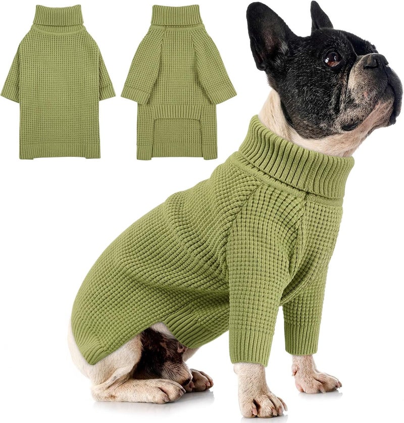 Queenmore Turtleneck Long Sleeve Knitted Sweater with Check Pattern, Fall Winter Warm Sweaters for Small to Large Dogs and Cats, Green - Image 1